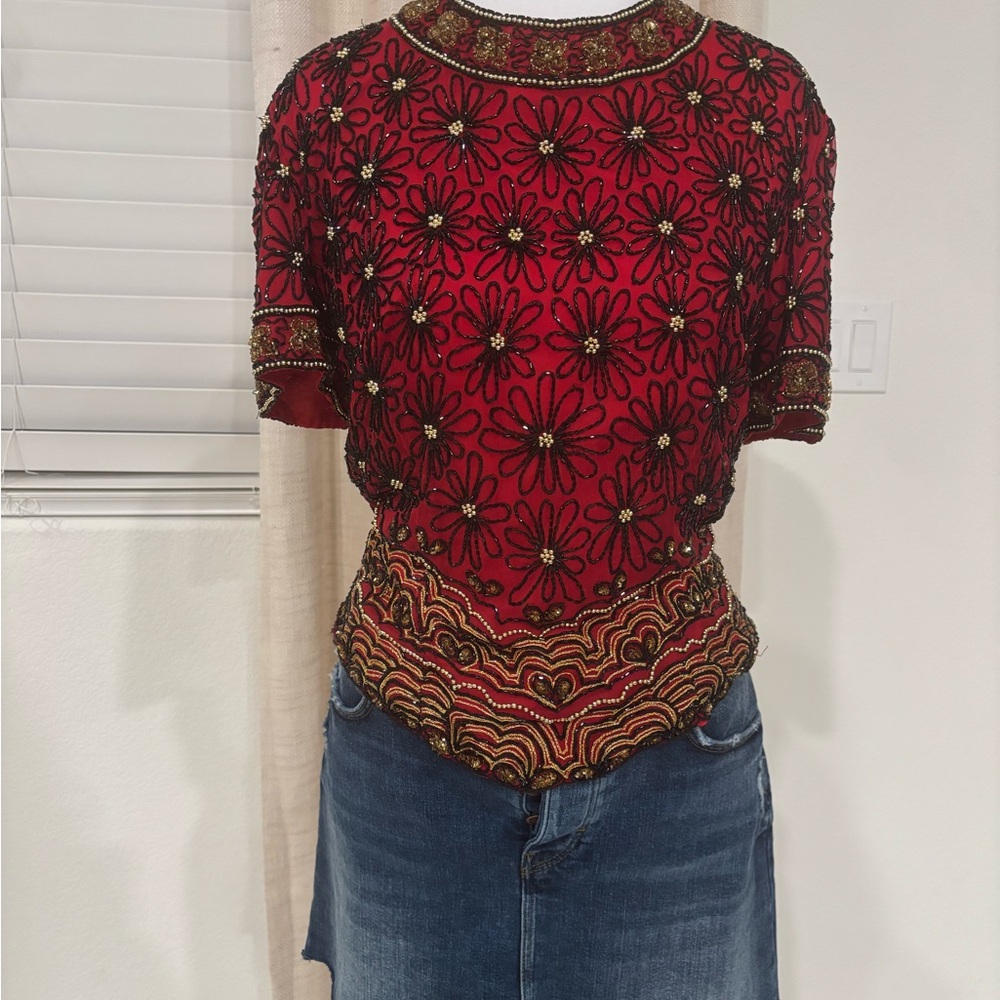 Papell Boutique Red and Black Embroidered Blouse